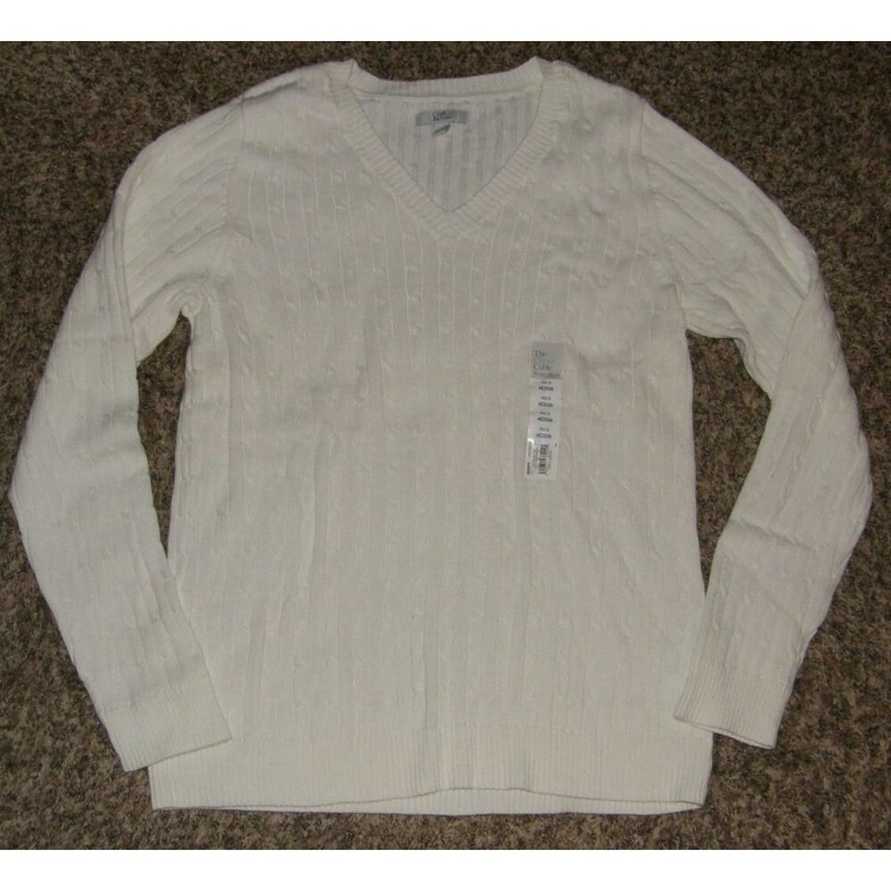 NEW Coconut White Sz Medium Stretchy Cotton Cable Knit Pullover V-Neck Sweater